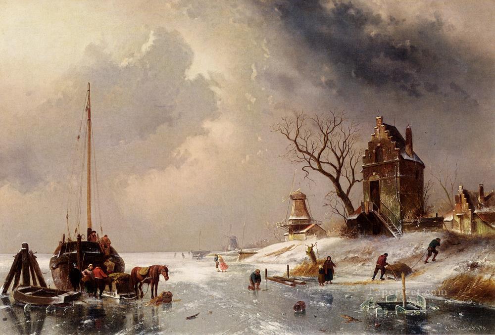 Figures Loading A Horse Drawn Cart On The Ice landscape Charles Leickert Oil Paintings